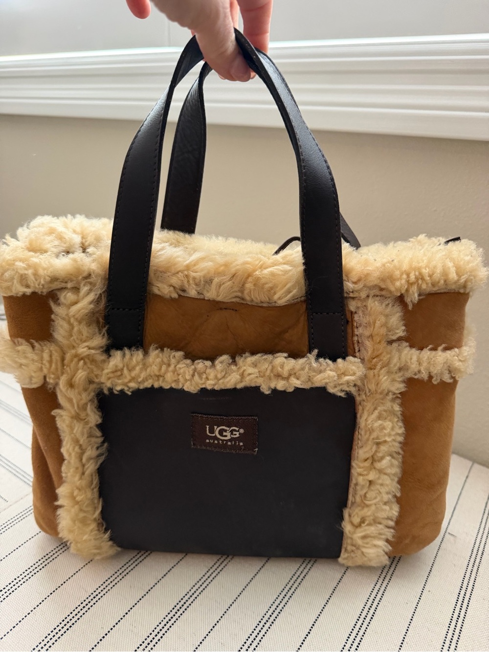 UGG Chestnut and Black Shearling Trim Suede Tote